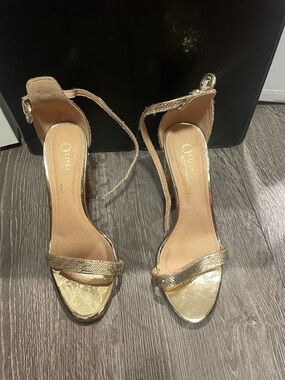 Qupid Metallic Gold Ankle-Strap Heeled Sandals